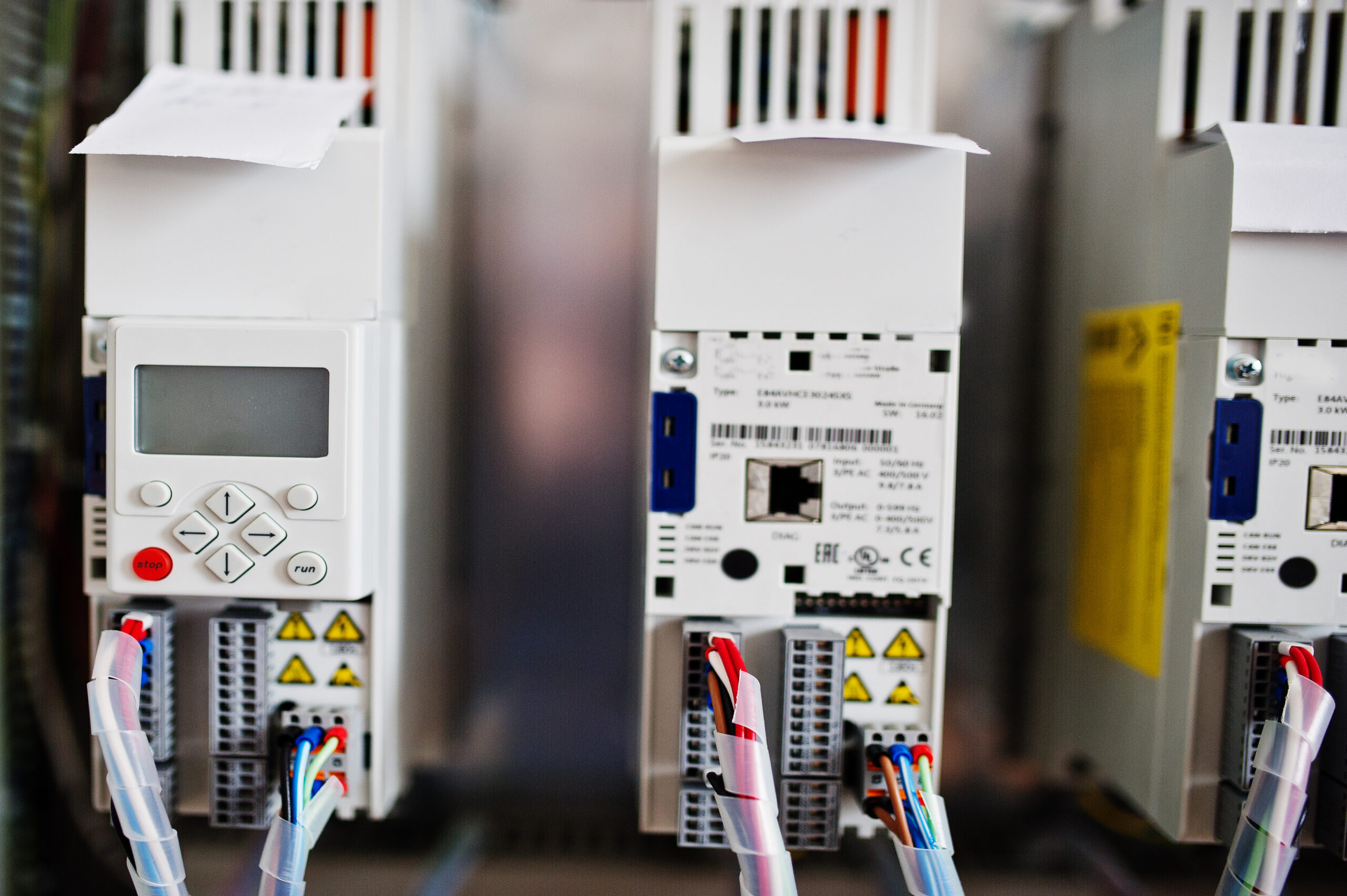 Electrical panel, electric meter and circuit breakers. Electric frequency converter, motor speed controller, rework station.